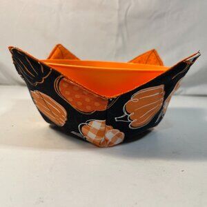 Bowl Cozy Hot Cold Pumpkins Fall Thanksgiving Autumn Black Orange Handmade Micro